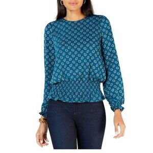 MICHAEL KORS Teal Smocked Paisley Blouse Large Back Tie Stretchy Feminine